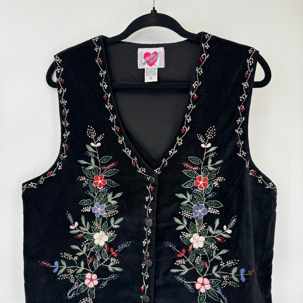 Keren Hart Velvet Vest Women XL Black Floral Embroidered Button Cottagecore - Picture 5 of 13